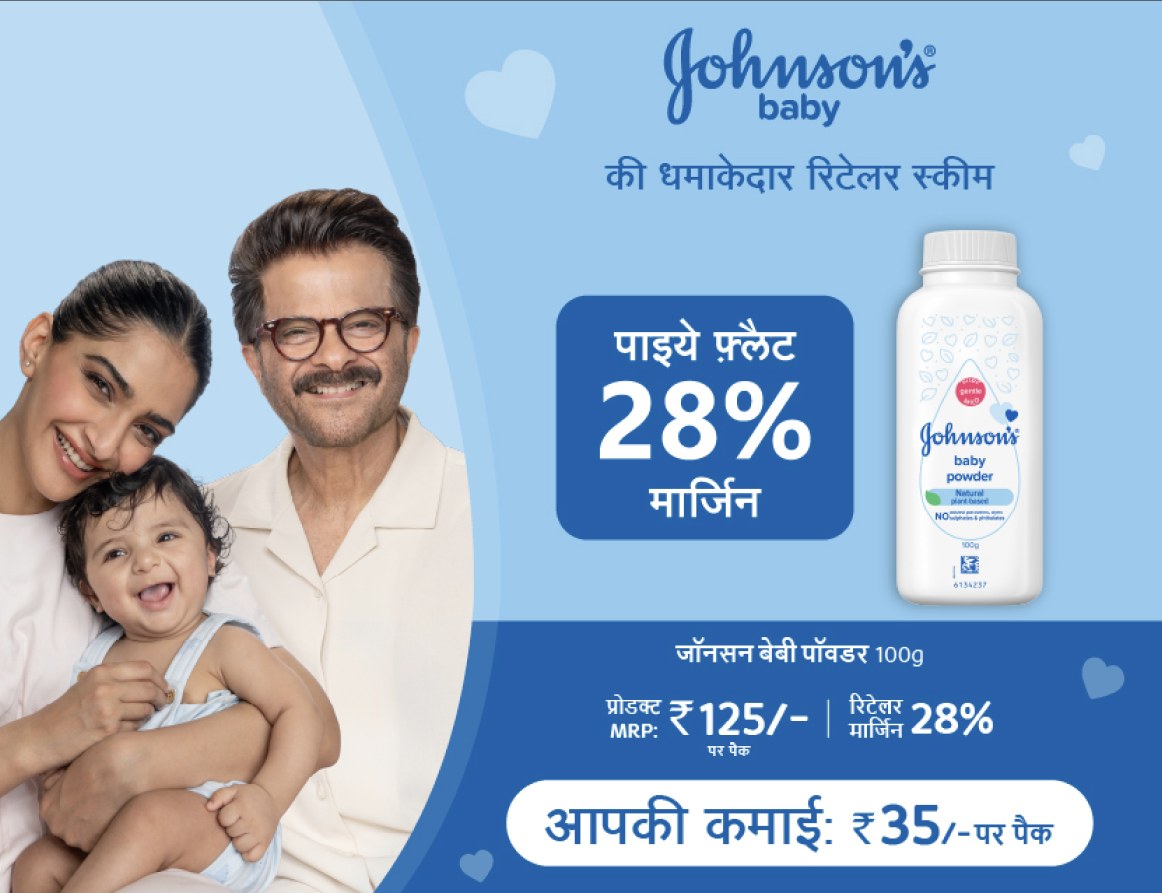 A Johnson's Baby banner: 'Get a flat 28% margin' next to a baby powder bottle, and a bar below: MRP ₹125 per pack, retailer margin 28%, 'Your earnings: ₹35 per pack'.