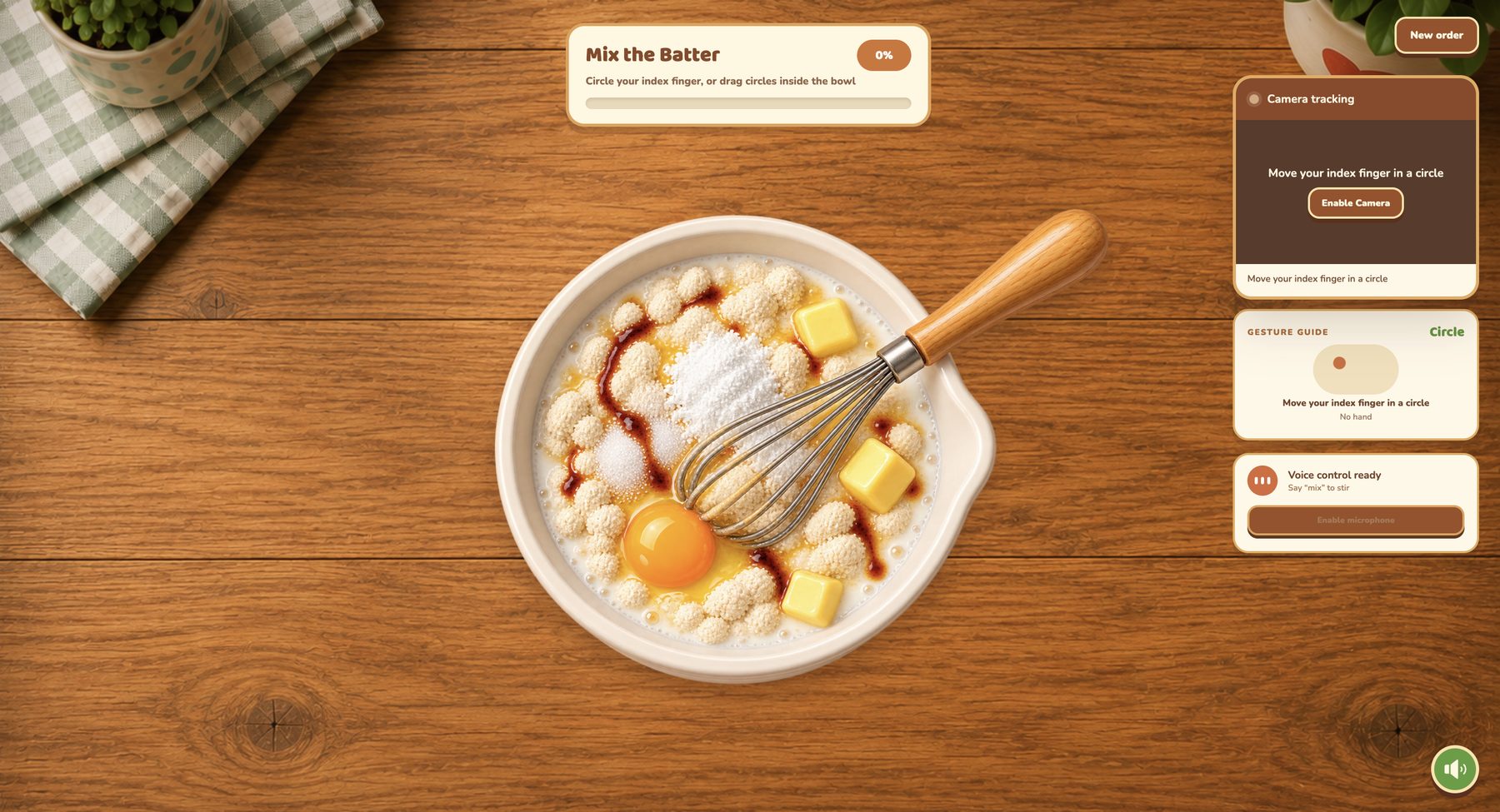 A top-down bowl of flour, egg, butter, sugar and vanilla with a whisk. A banner reads Mix the Batter, 0 percent: circle your index finger, or drag circles inside the bowl.